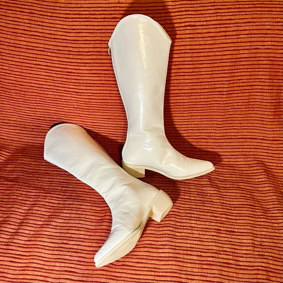 Pointed Head Chunky Heels Leather Booties Apricot Rose & Remy - Picture 4 of 8